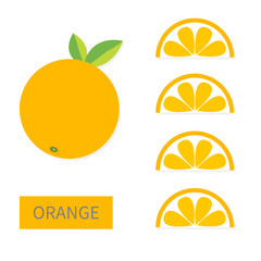 Orange fruit icon set. Slice in a row. Cut half. Healthy lifestyle food. Flat lay design. Pastel bright color. Top air view. White background. Isolated.