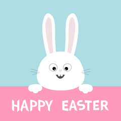 White bunny rabbit head face hanging on pink paper board. Happy Easter. Paw print. Big ears. Cute cartoon funny character. Kawaii animal. Baby card. Flat design. Blue background