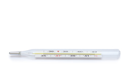 medical mercury thermometer isolated on white background. copy space, template