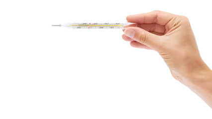 mercury thermometer in hand isolated on white background. copy space, template