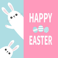 Happy Easter. Two white bunny rabbit holding big signboard. Cute cartoon funny animal hiding behind paper. Lettering text. Painting egg. Flat design. Typography print. Pastel color background.