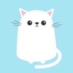 White cat sitting kitten. Cute cartoon kitty character. Kawaii animal. Funny face with eyes, mustaches, nose, ears. Love Greeting card. Flat design. Blue background Isolated.