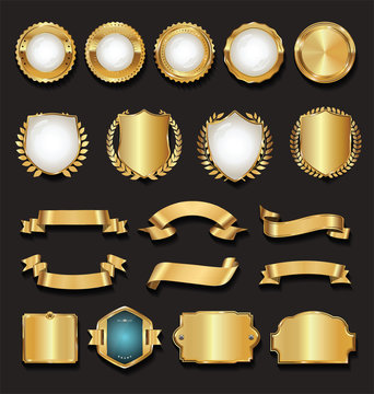 Retro golden ribbons labels and shields vector collection 