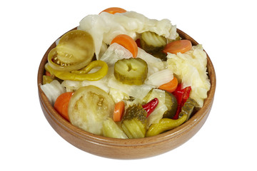 mixed pickles in wood bowl
