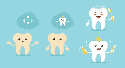 Concept of tooth whitening with cute cartoon characters. Dental and oral care vector illustrations.
