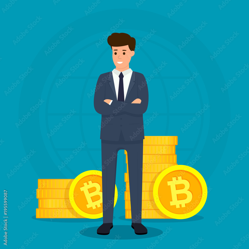Poster business character standing with bitcoin coins. ico and cryptocurrency concept. blockchain network t