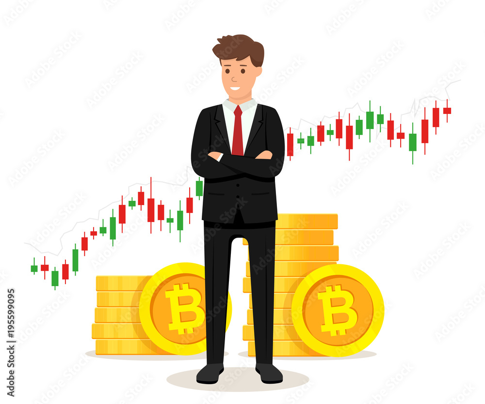 Poster businessman standing with golden bitcoin coins and trading graph diagram. ico and cryptocurrency con