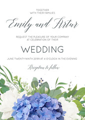 Wedding floral invite, invitation, card design with elegant bouquet of blue hydrangea flowers, white garden roses, green eucalyptus, lilac branches, greenery herbs, leaves, berries. Modern cute layout