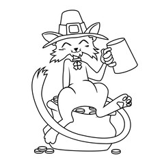 A cat in a leprechaun hat and a clover jewelry, drinking beer is sitting on a pot of gold