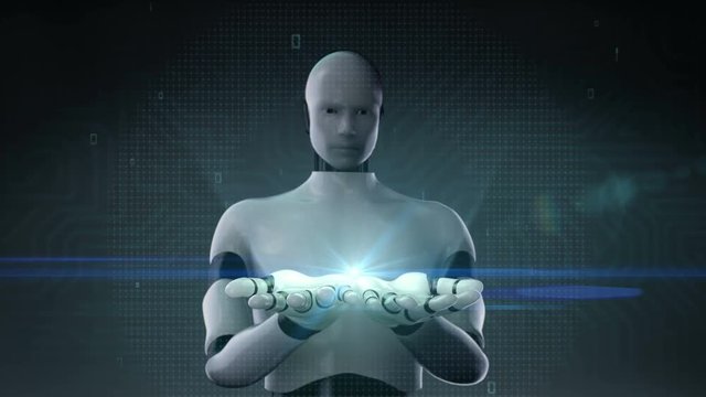 Robot, cyborg open palms in digital interface background 4K size movie.