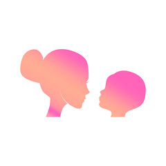 Mothers day card. Child and Mom silhouette,  illustration isolated on white