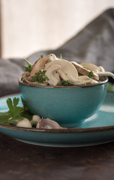 Blue Plate full of various types of edible mushrooms with parsley and garlic.