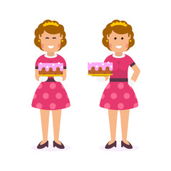 Funny girl with a birthday chocolate decorating cake in different poses. Vector flat illustration.
