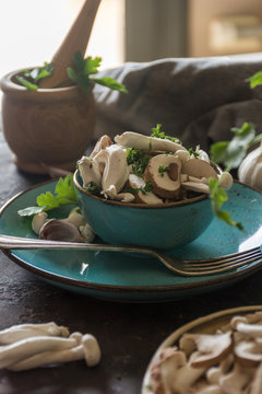 Blue Plate full of various types of edible mushrooms with parsley and garlic.