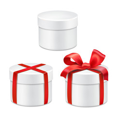 Round gift boxes with red bow Realistic vector 3d collection illustration
