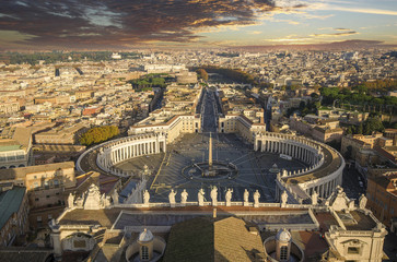 Amazing view from the roof of st Peter's basilica in Vatican City, Rome at sunset