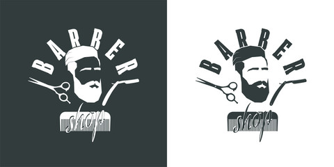 barbershop. profile man with beard, scissors, knife for shaving