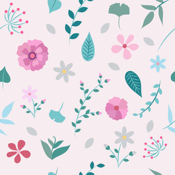 Spring flowers and leaves seamless pattern - different types of flowers and leaves, vector illustration design template