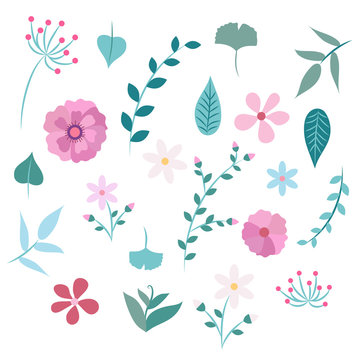 Spring flowers and leaves - different types of flowers and leaves, vector illustration design template