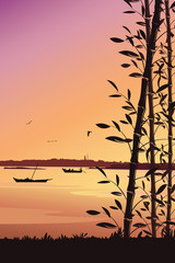 Fototapeta premium Scenery mobile wallpaper, Nature background with bamboo and river portrait view - vector illustration 