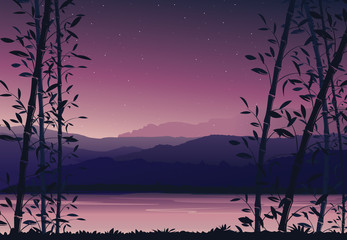 Nature background with bamboo, Colorful sunset,  scenery landscape wallpaper - vector illustration 