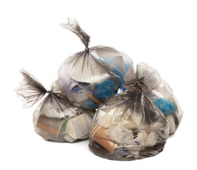 Plastic bag full of rubbish on isolated white background