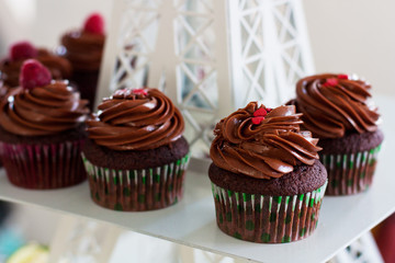 Decorated chocolate cupcakes on stand