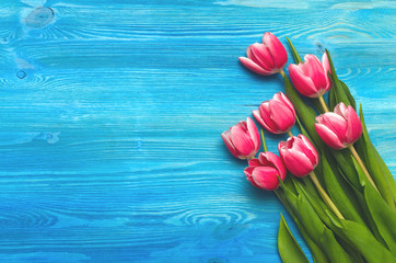 Tulip flowers on blue wooden table board background with copy space. Woman day concept. Mother day background. Saint Valentines day greeting card mock up. Top view.