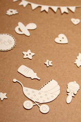 Postcard for a newborn with a picture of pens, stars, flowers and a pacifier