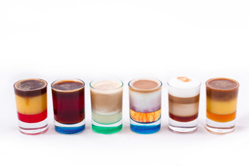 colorful coffeeshots on isolated white background