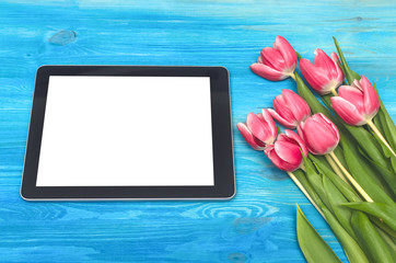Tulip flowers and tablet computer device with blank screen on blue wooden table board background with copy space. Woman day concept. Mother day background. Saint Valentines day greeting card mock up. 