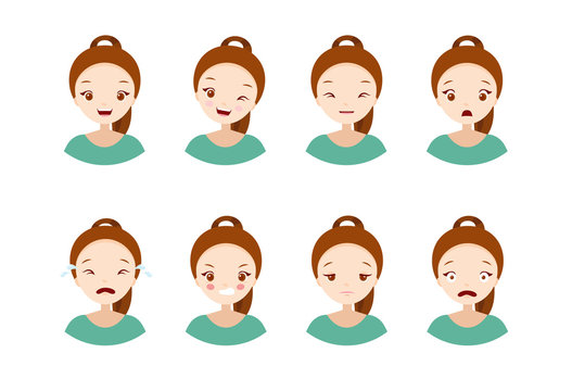 Woman's emotions - collection of a different emotions, happy, sad, angry, scared, crying, tired, cheerful, wink. Vector illustrations with cute cartoon girl