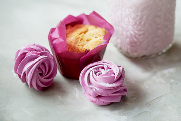 Pastel picture. Delicious dessert in pink tones. Marshmallow and milk strawberry cocktail