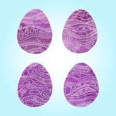 Set of Easter eggs with different texture, purple violet colour on a blue background.Spring holiday