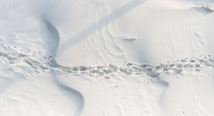 Footprints in the snow at sunny day.