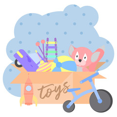 Fototapeta premium Toy Box, full of children s toys including plush toys, Ball, car, rocket, bike, whirligig, xylophone .Vector flat illustration cartoon.