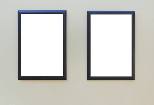 Two Black Frames with Empty White Copy Space Isolated on Gray Background. Blank Simple Template Mock Up Set Design, Display Showcase on Gallery Wall. Boarder Frame Isolated  Canvas Background.