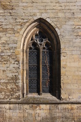 Fototapeta na wymiar Onze-Lieve-Vrouwebasiliek in Tongeren, Vlaanderen, gotisches Fenster am Kreuzgang