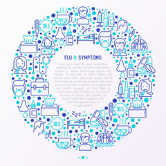 Flu and symptoms concept in circle thin line icons: temperature, chills, heat, runny nose, doctor with stethoscope, nasal drops, cough, phlegm in the lungs. Vector illustration for medical report.