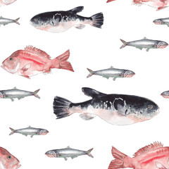 Watercolor fish. Fugue, red perch, anchovy on white background. Seamless pattern.