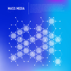 Fototapeta premium Mass media concept in honeycombs with thin line icons: journalist, newspaper, article, blog, report, radio, internet, interview, video, photo. Modern vector illustration for print media, web page.