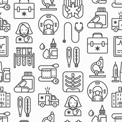 Medicine seamless pattern with thin line icons: doctor, ambulance, stethoscope, microscope, thermometer, hospital, z-ray image, MRI scanner, tonometer. Vector illustration for medical survey, report.
