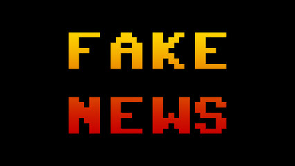 Obraz premium The text Fake News, looking like a funky colorful game screen, 8 bit retro style, red and yellow gradient. 