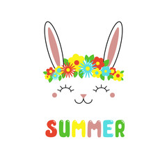 Hand drawn vector portrait of a cute funny bunny with flowers, text Summer. Isolated objects on white background. Vector illustration. Design concept for children.