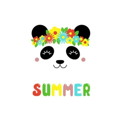 Zelfklevend Fotobehang Hand drawn vector portrait of a cute funny panda with flowers, text Summer. Isolated objects on white background. Vector illustration. Design concept for children. © Maria Skrigan