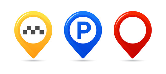 Colourful map pointers. Map pointer, map parking pointer, map taxi pointer.