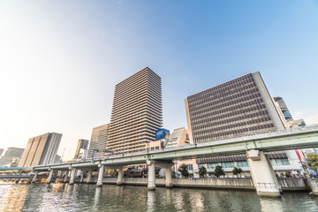 Obraz premium Osaka cityscape - Nakanoshima district at dusk - Osaka Japan