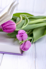 Pink tulips and book on a white background. Free space, flat lay