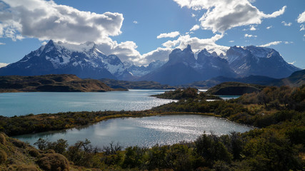 Fototapeta na wymiar View over the lake towards the Mountains in Torres del Paine, Chile.