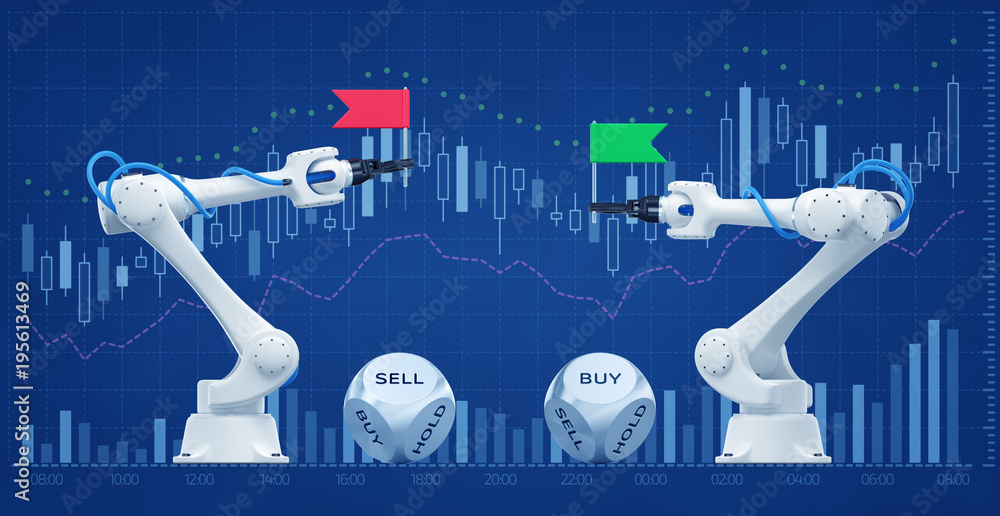 Poster trading robots on stock market. illustration / 3d rendering graphic composition on the subject of 'f